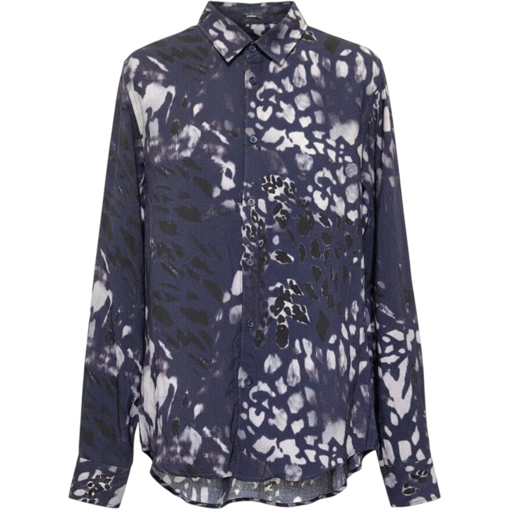 GUESS Mens Blue Silky Leopard Print Button Down Shirt Slim Fit Small Long Sleeve